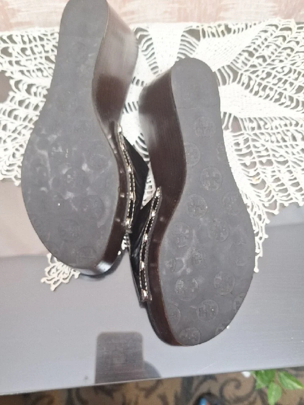 Tory Burch Black Patent Slide Mules with Logo Medallion